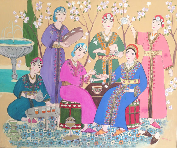 Femmes réunies dans un jardin fleuri — Nawal Sabri (Vendu)