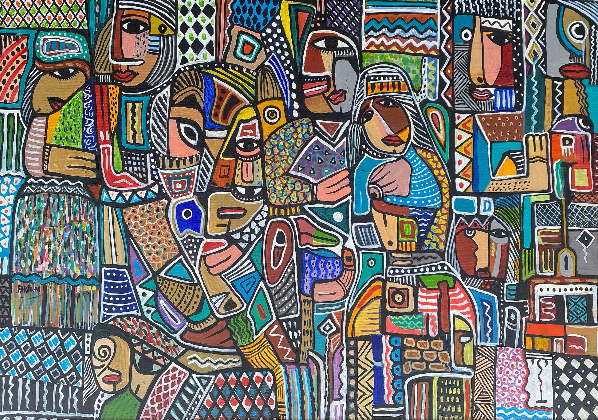 Œuvre abstraite colorée présentant des figures géométriques et humaines stylisées, avec motifs variés et couleurs vives