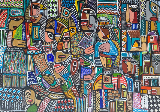 Œuvre abstraite colorée présentant des figures géométriques et humaines stylisées, avec motifs variés et couleurs vives