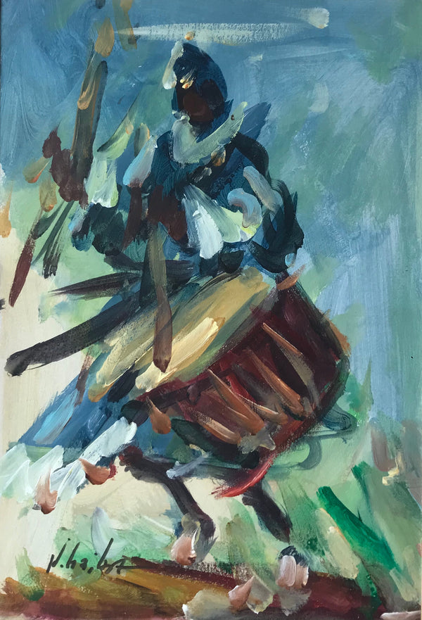 Figure with a Drum — Noureddine El Haiba, acrylic on panel, Moroccan painting
