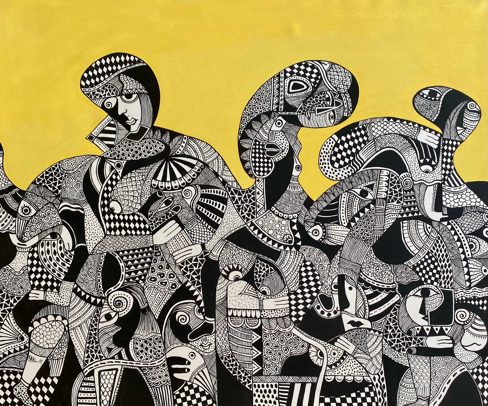 Œuvre abstraite avec des formes géométriques noires et blanches sur un fond jaune