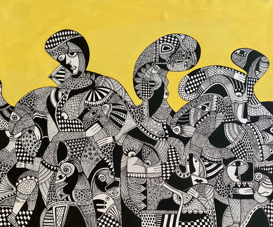 Œuvre abstraite avec des formes géométriques noires et blanches sur un fond jaune