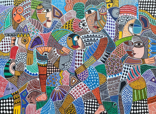 Œuvre colorée représentant de multiples figures humaines et motifs géométriques imbriqués, aux couleurs vives
