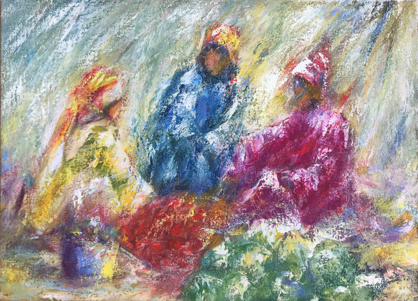 Trois figures assises en plein air — Abdelaziz Koutbane (Vendu)