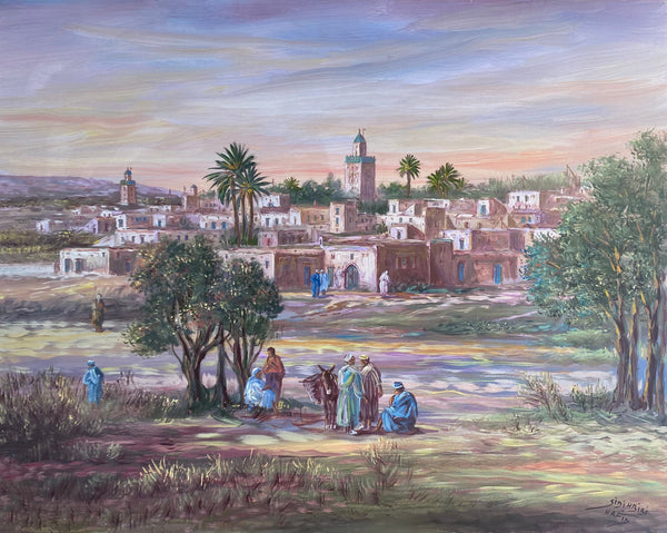 Village et minaret au coucher du soleil — Hafid Sidi Hbibi (Vendu)