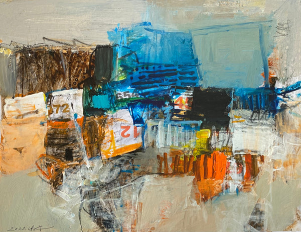 Abstraction aux blocs bleus, orange et blancs — Rachid Taleb (Vendu)