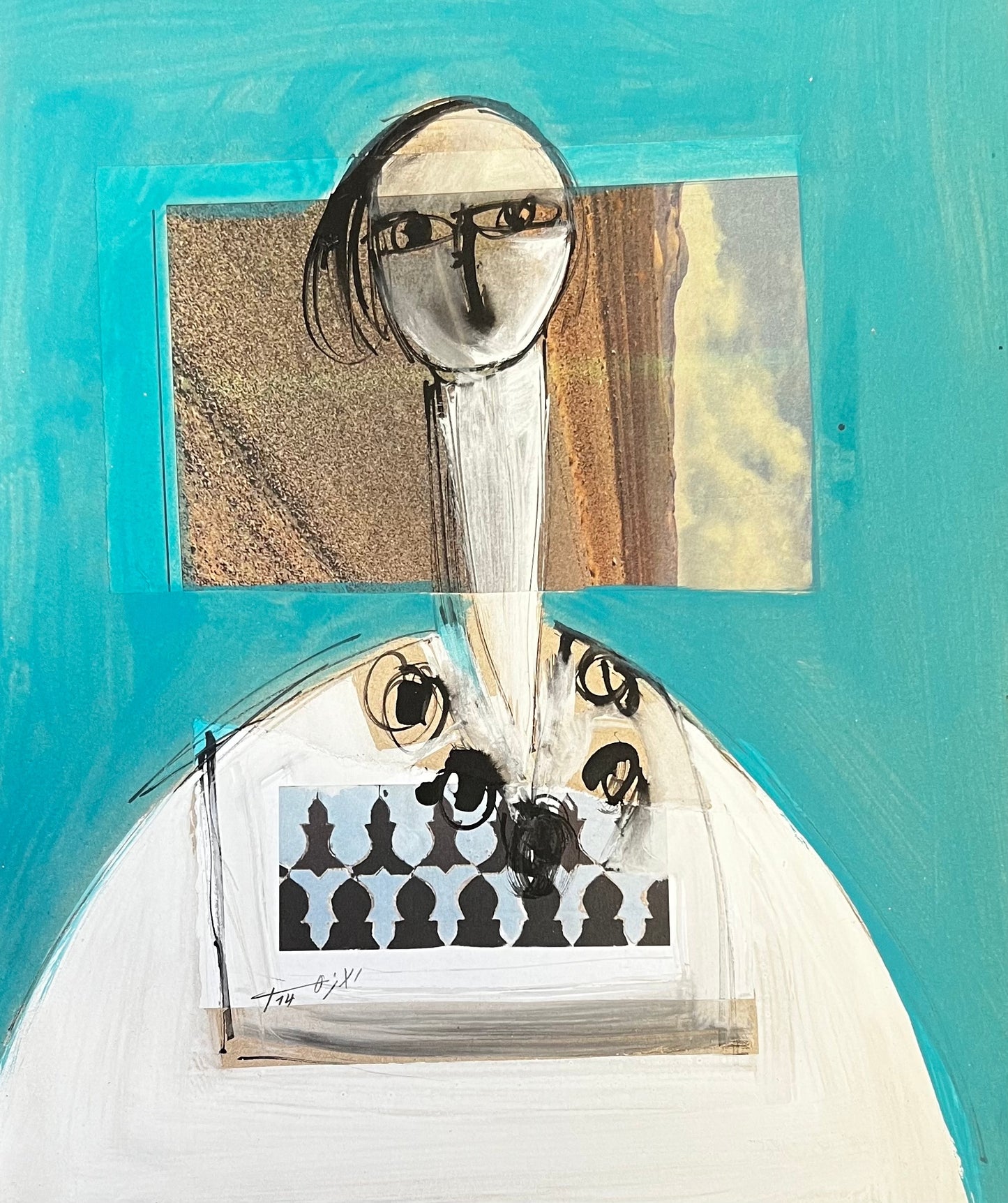 Tableau abstrait avec un visage stylisé et des motifs géométriques sur fond bleu
