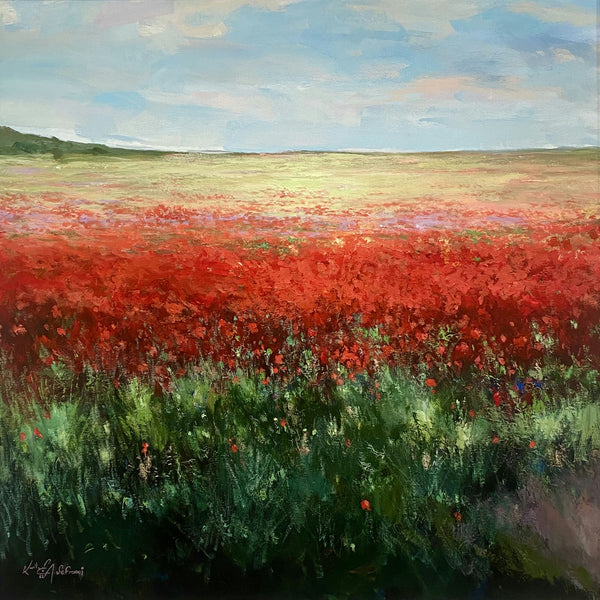 Field of Red Flowers beneath a Light Sky — Abdessalam Sefraoui, mixed media on canvas, Moroccan painting