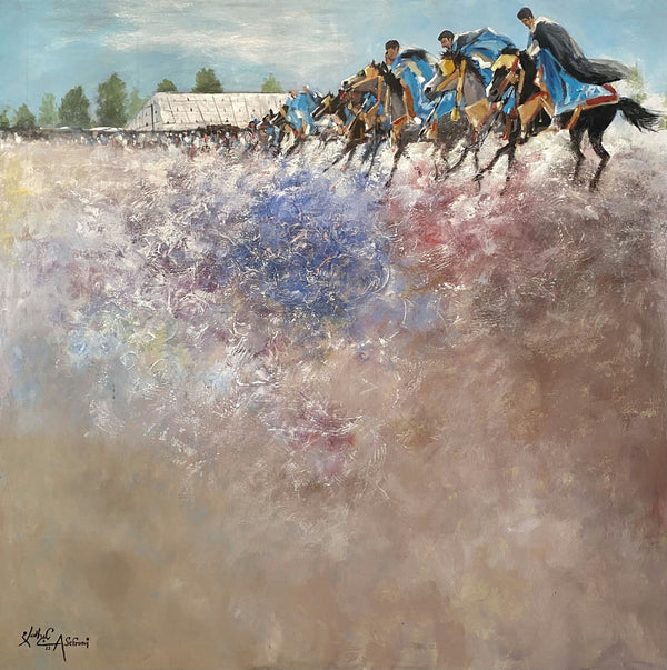 Galloping Horsemen — Abdessalam Sefraoui, mixed media on canvas, Moroccan painting