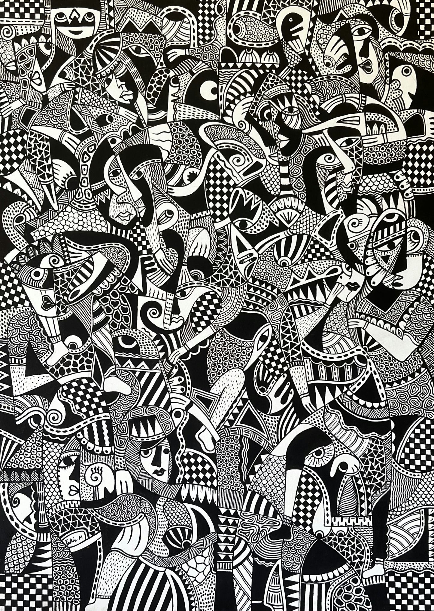 Œuvre abstraite en noir et blanc aux motifs géométriques