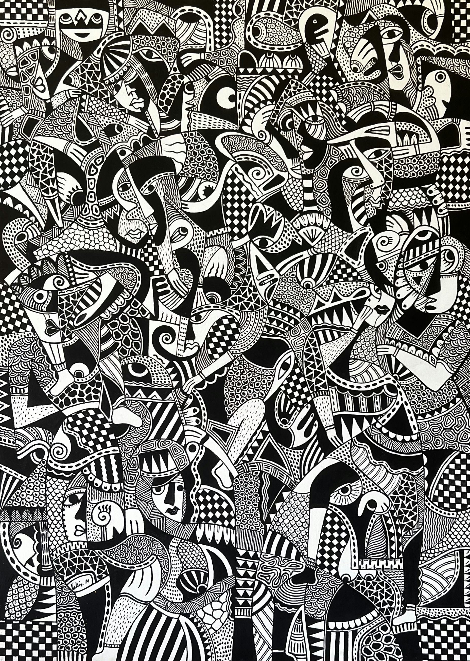 Œuvre abstraite en noir et blanc aux motifs géométriques