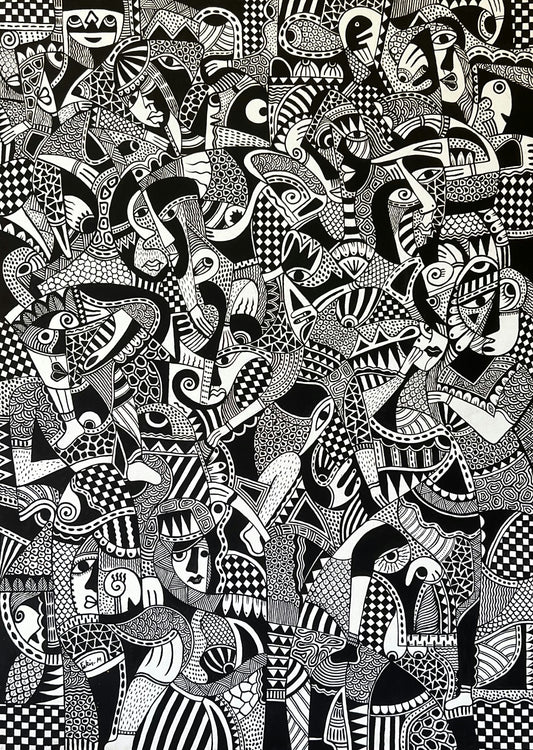 Œuvre abstraite en noir et blanc aux motifs géométriques