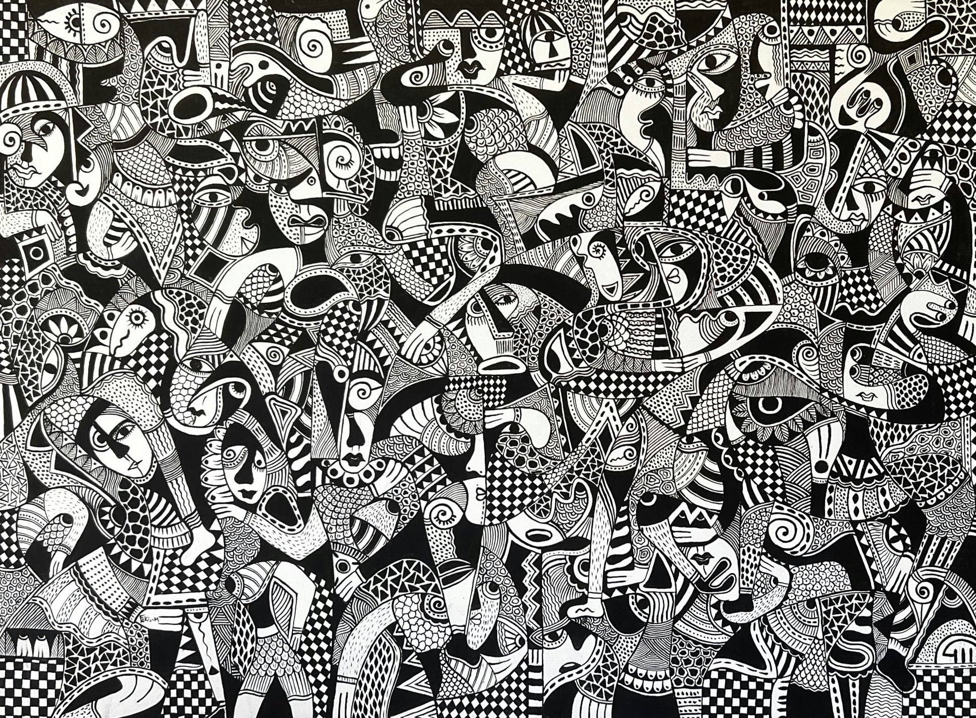 Œuvre abstraite en noir et blanc avec motifs géométriques et figures humaines stylisées