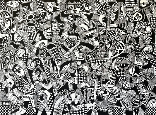 Œuvre abstraite en noir et blanc avec motifs géométriques et figures humaines stylisées