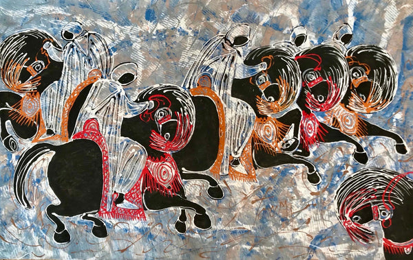 Mohamed Toumi — horse painting, mixed media on canvas, 100 × 160 cm — original artwork photograph