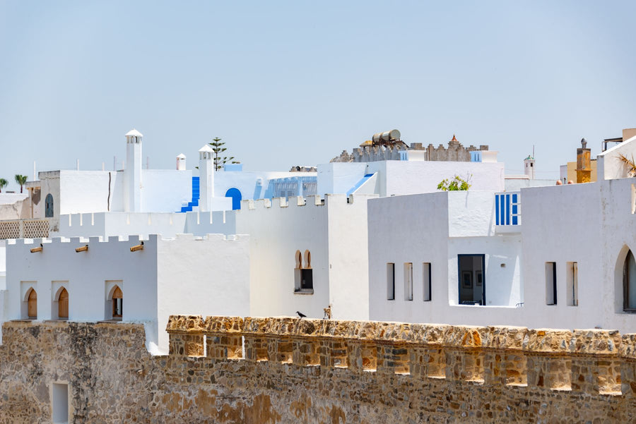 White and blue houses in the medina of Asilah, Morocco