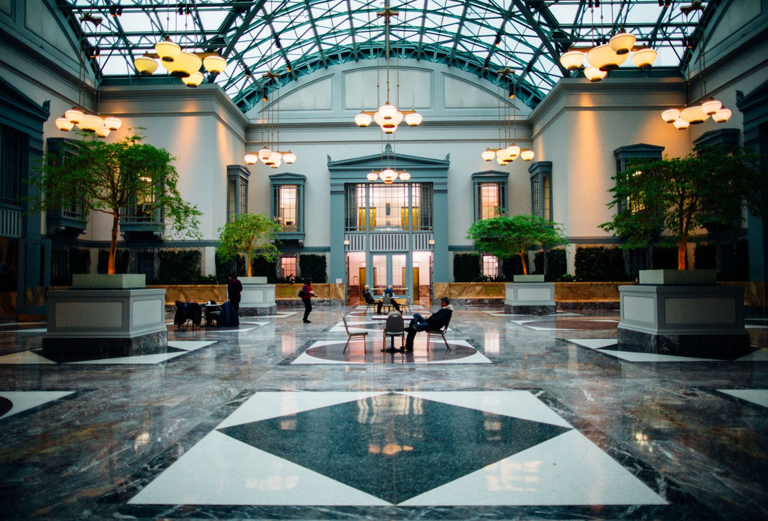 Spacious modern hotel lobby with elegant lighting