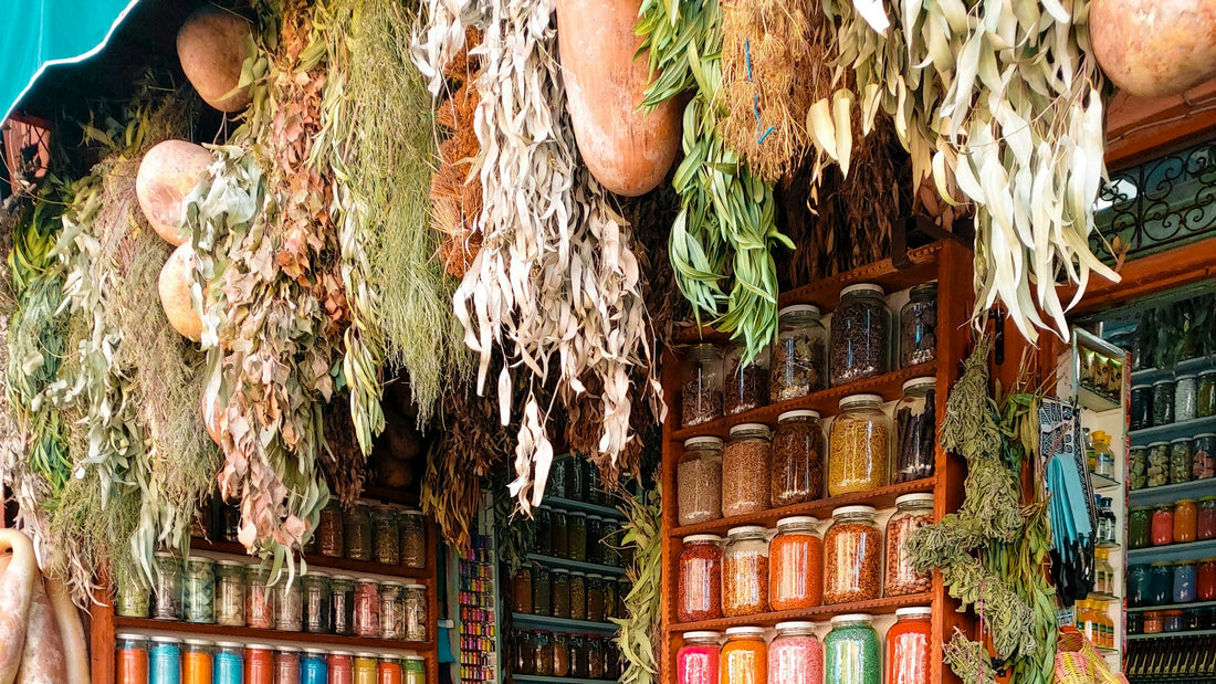 Colourful spices and dried flowers in a Marrakech souk, the city where painter Salah Benjkan lives and works