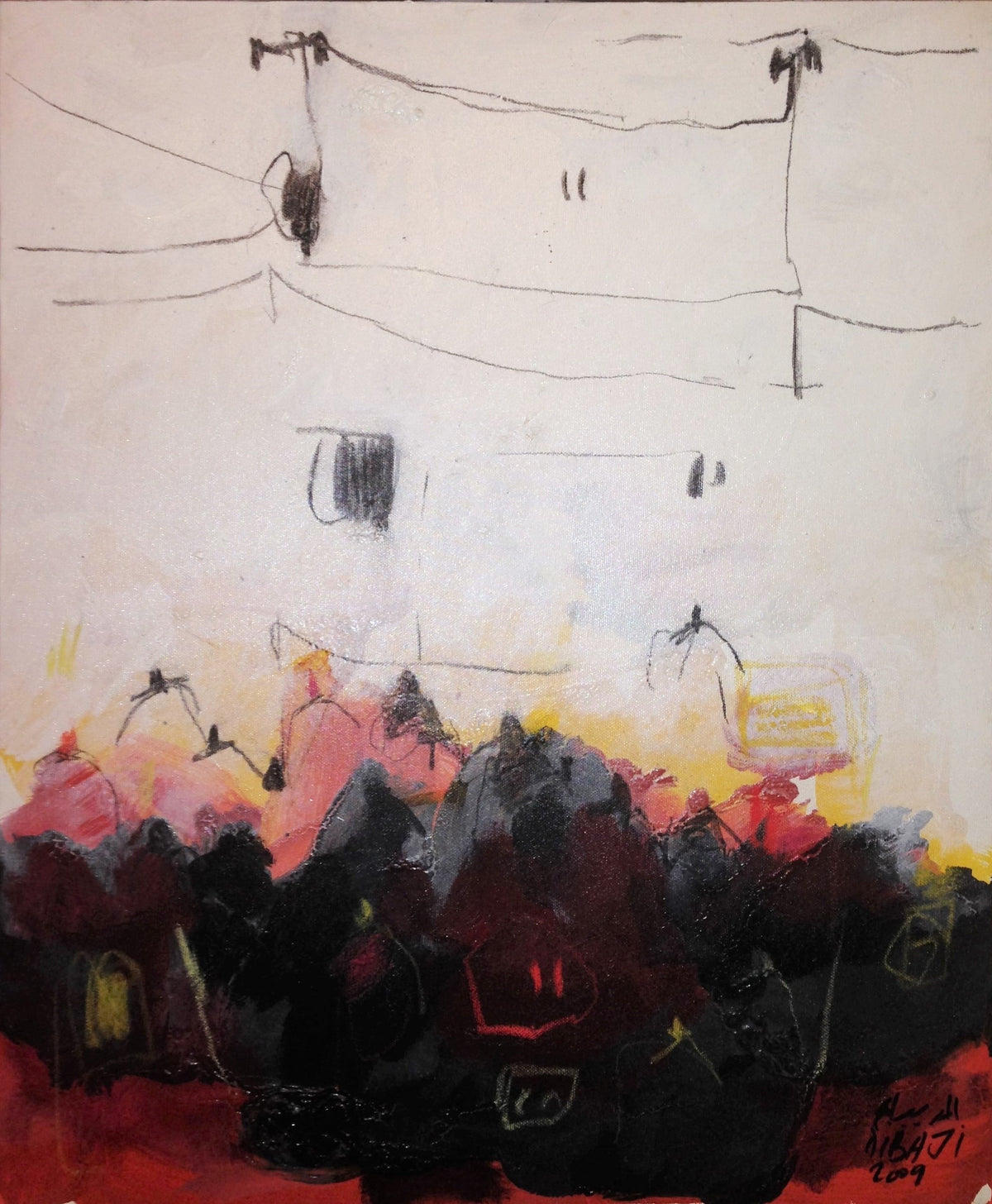 Black Lines and Pink Touches on a Light Background — Abdellah Dibaji, mixed media on canvas, Moroccan painting