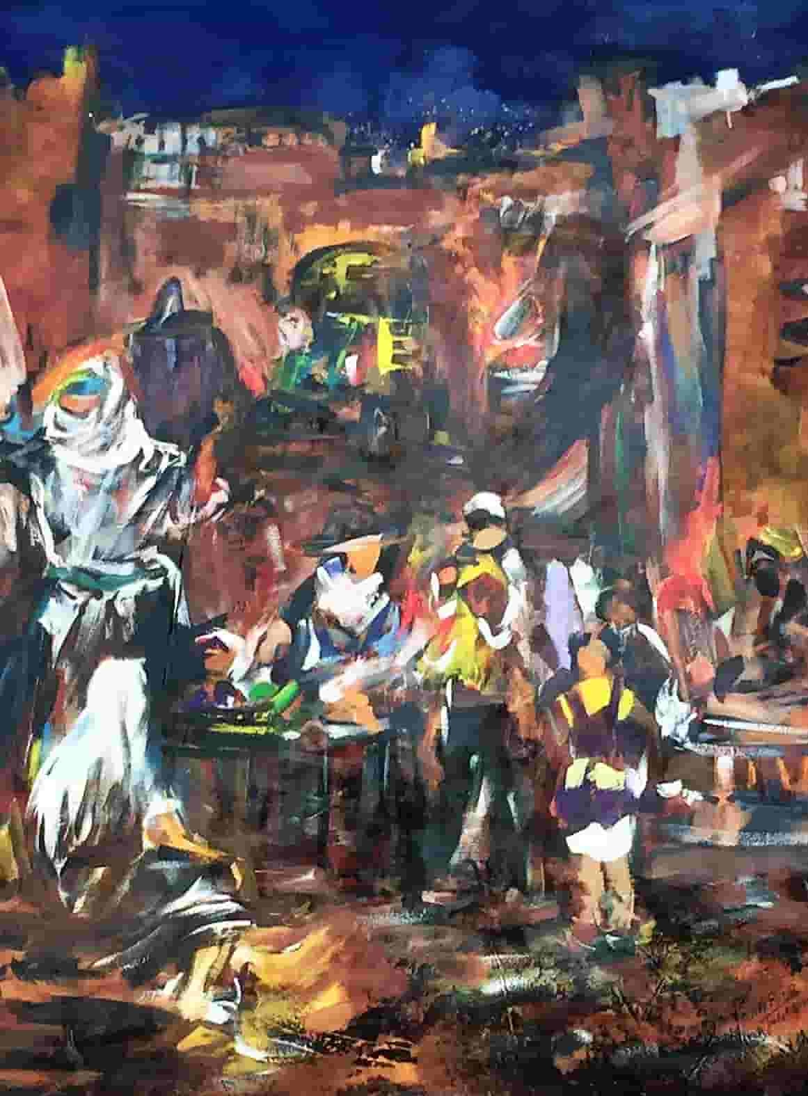 Scène de souk aux personnages et aux étals — Habib Moufaddal, 185 × 138 cm