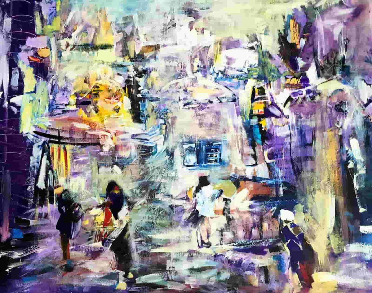 Architectural Forms with Mauve and White Touches — Habib Moufaddal, acrylic on canvas, Moroccan painting