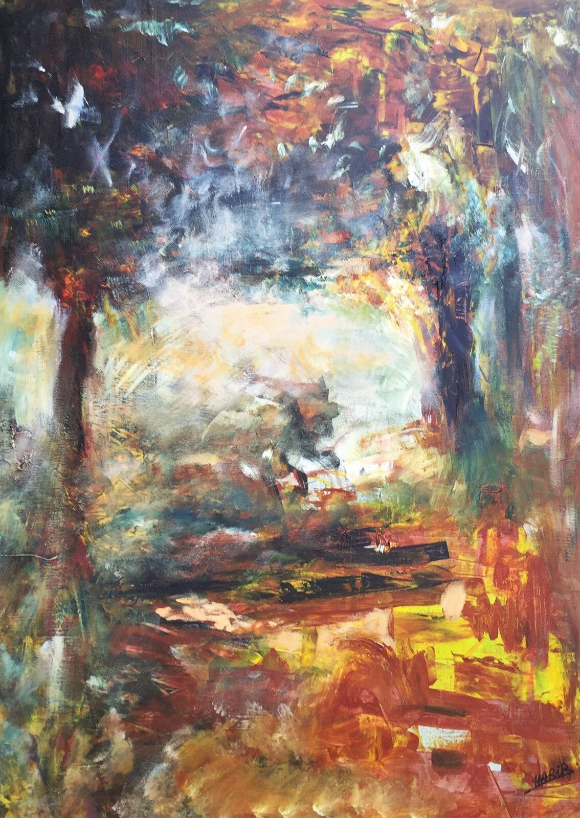 Tree-Lined Passage with Multicoloured Brushstrokes — Habib Moufaddal, mixed media on canvas, Moroccan painting