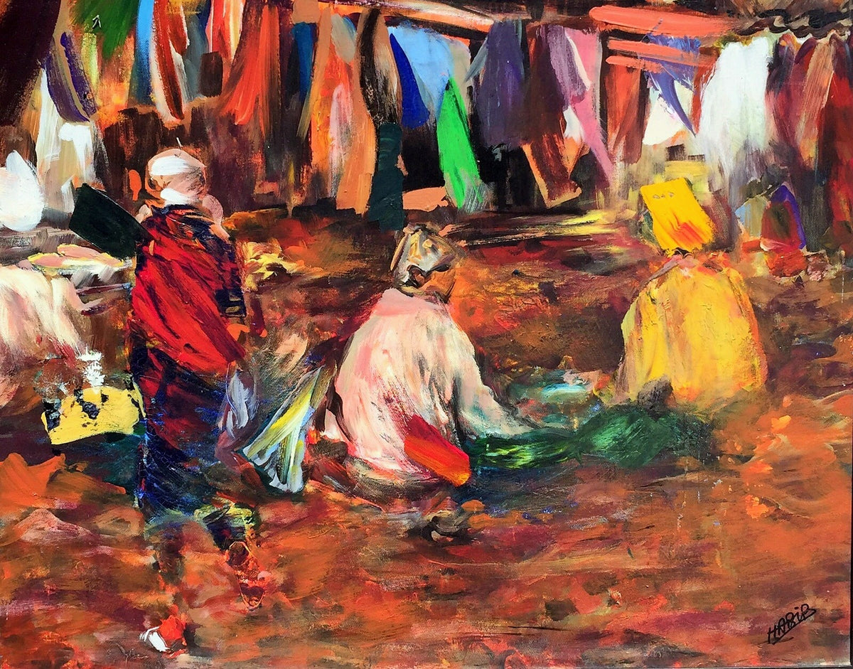 Scène de marché aux étoffes colorées — Habib Moufaddal, 80 × 99 cm