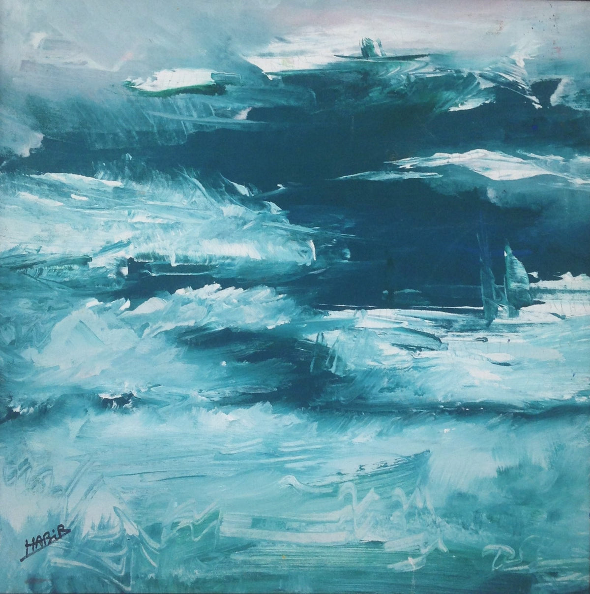 Tableau abstrait dans les tons turquoise — Habib Moufaddal, 50 × 50 cm