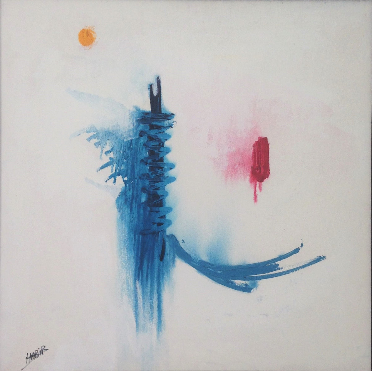 Gestes bleus et accent rose sur fond clair — Habib Moufaddal, 69 × 70 cm