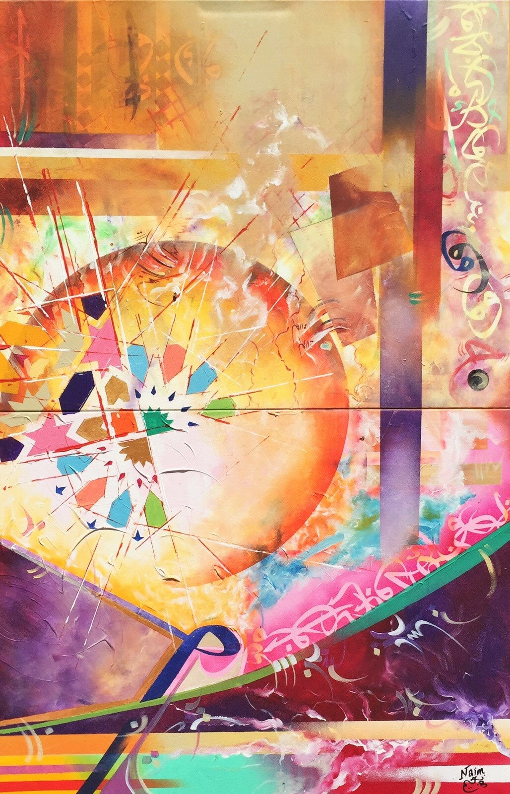 Motifs géométriques et aplats orangés — Naim, 120 × 80 cm