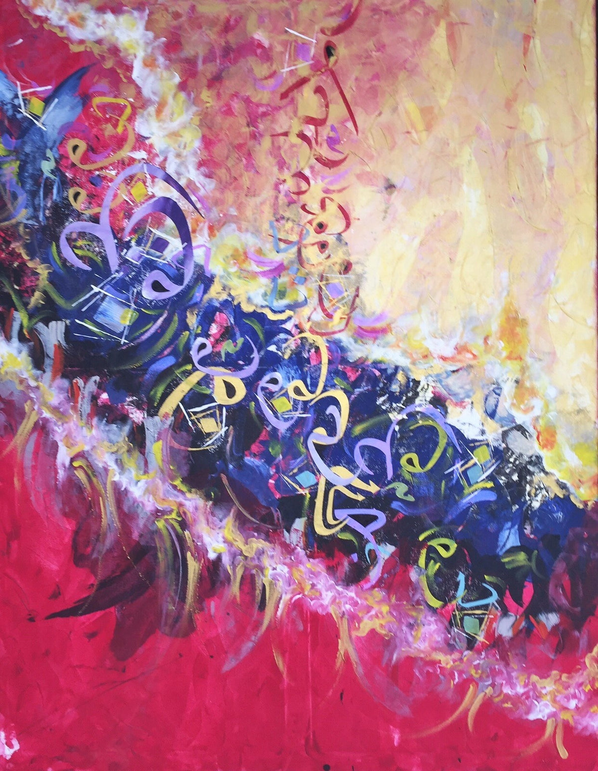 Signes calligraphiques sur fond rose et bleu — Naim, Technique mixte sur toile, 115 × 88 cm