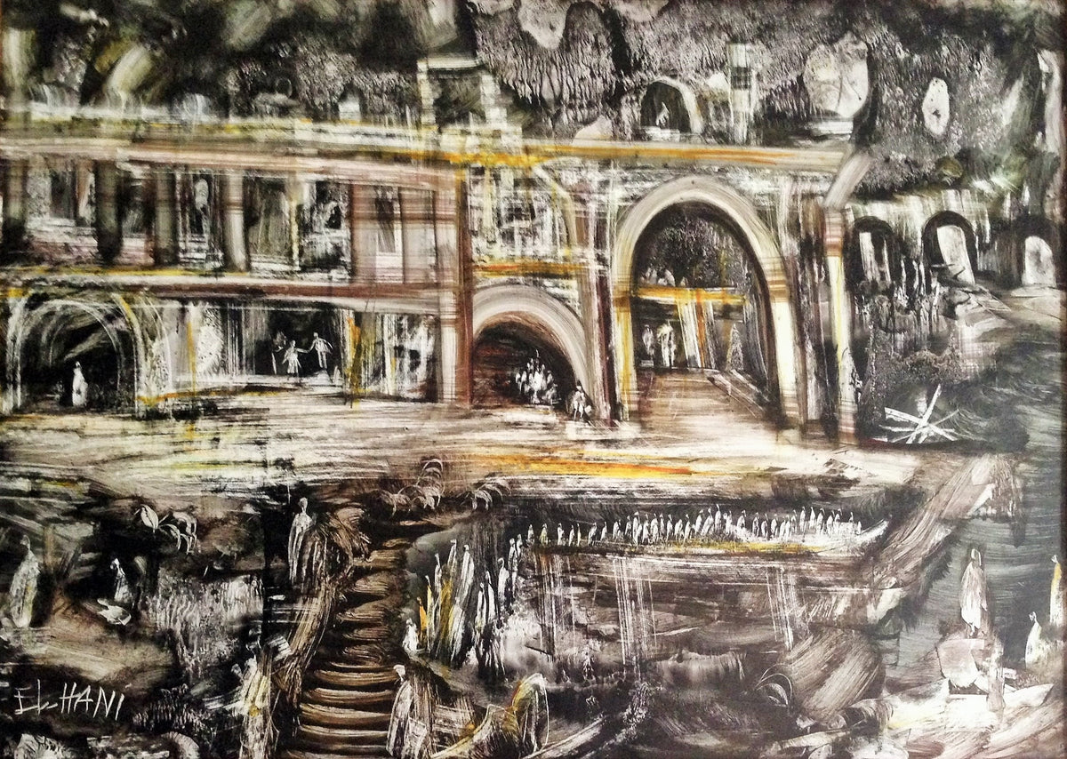 Architecture et personnages en noir et blanc — Mohamed El Hani, 70 × 100 cm