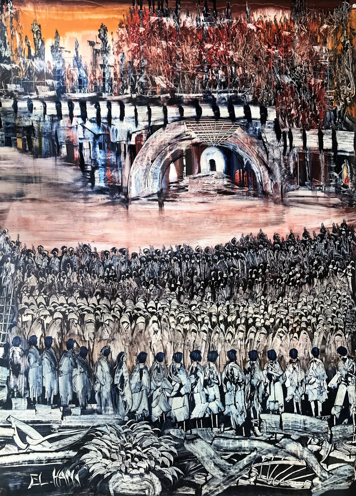Foule et architecture en noir et blanc — Mohamed El Hani, 100 × 70 cm