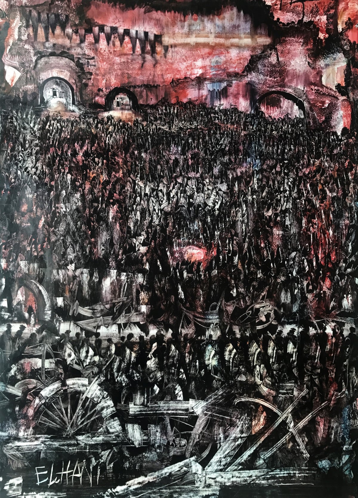 Scène urbaine aux voitures et silhouettes — Mohamed El Hani, Technique mixte sur carton, 100 × 70 cm