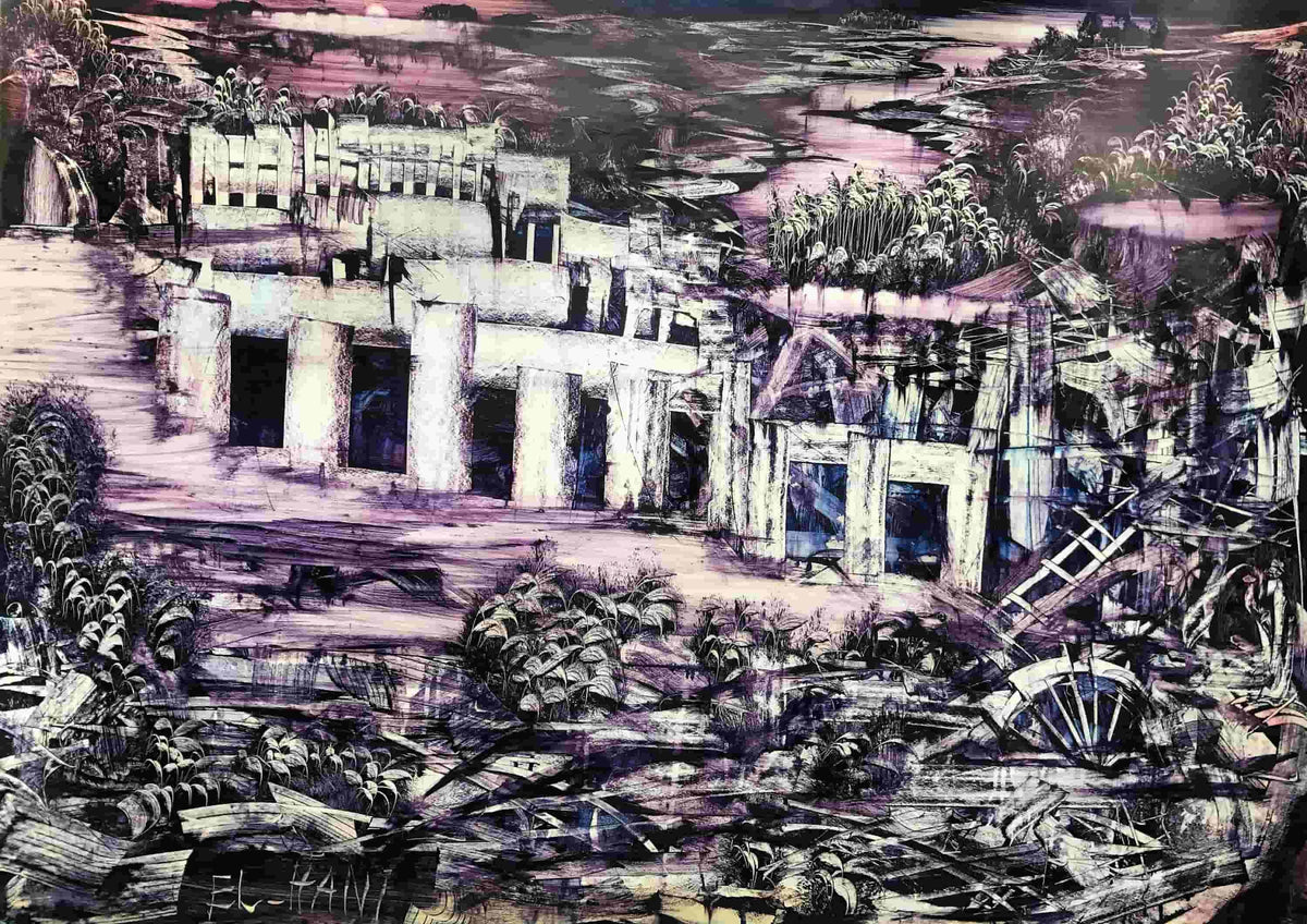 Façades et textures en noir, blanc et rose — Mohamed El Hani, Technique mixte sur carton, 70 × 100 cm