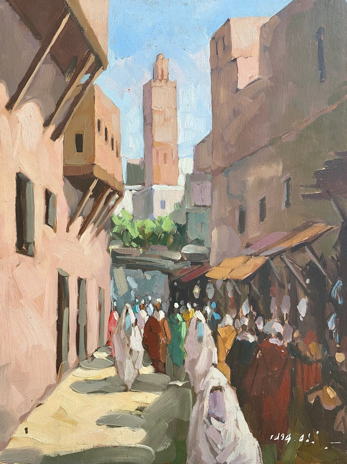 Rue de marché au pied d’un minaret — Abderrahim Saba, 40 × 30 cm
