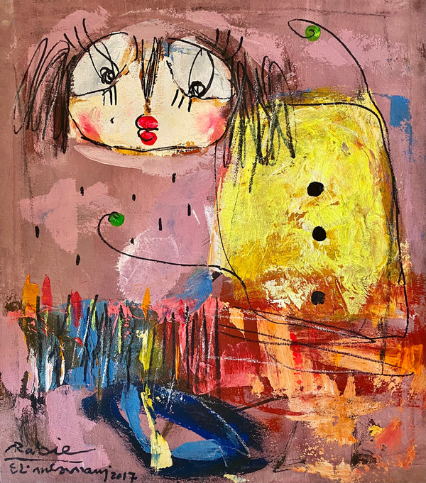 Two Figures on a Pink Background — Rabie El Mesnani, acrylic on canvas, Moroccan painting
