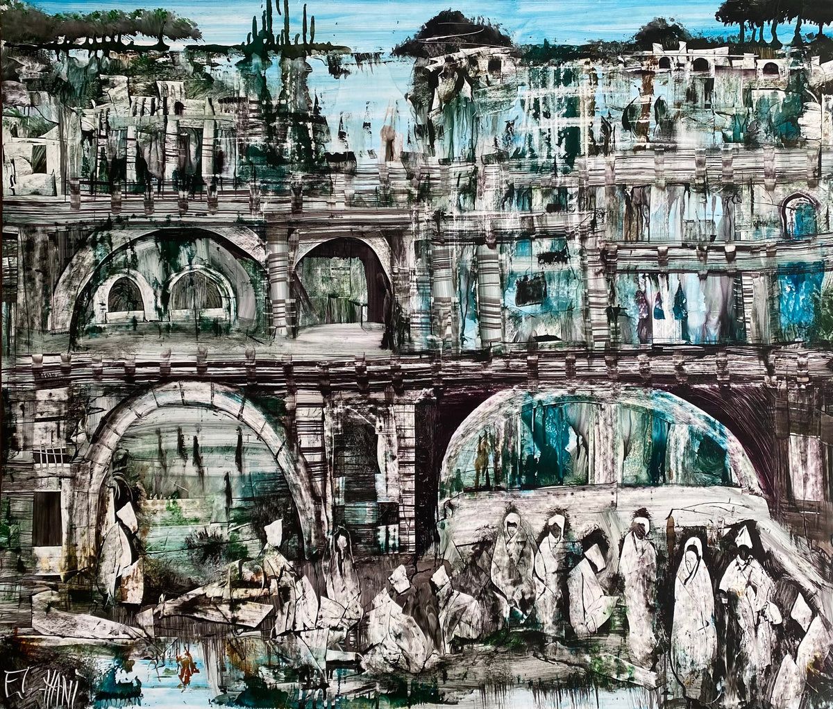 Architecture aux arches et silhouettes — Mohamed El Hani, Technique mixte sur carton, 92 × 108 cm