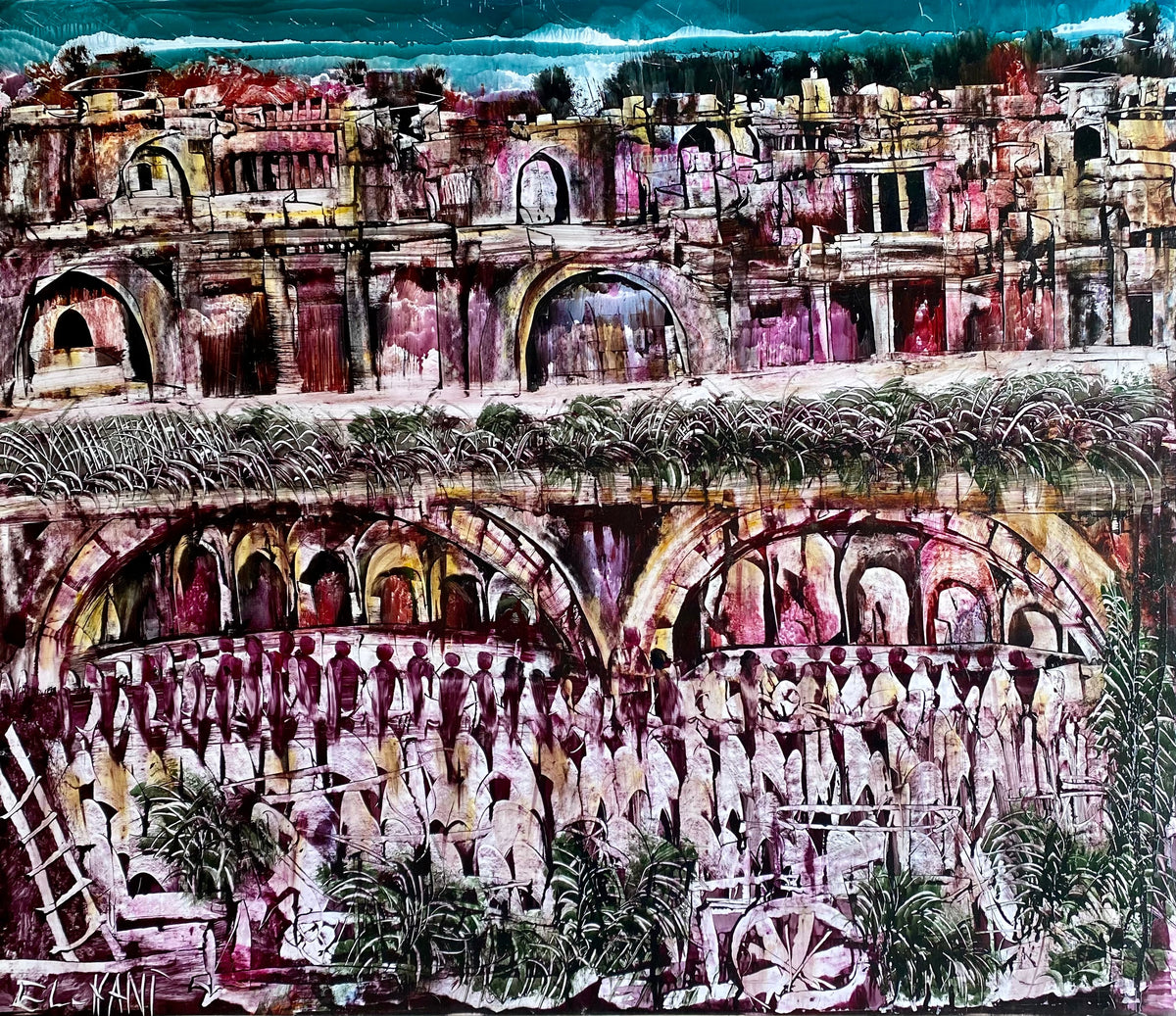 Architecture et foule aux touches roses — Mohamed El Hani, 92 × 108 cm