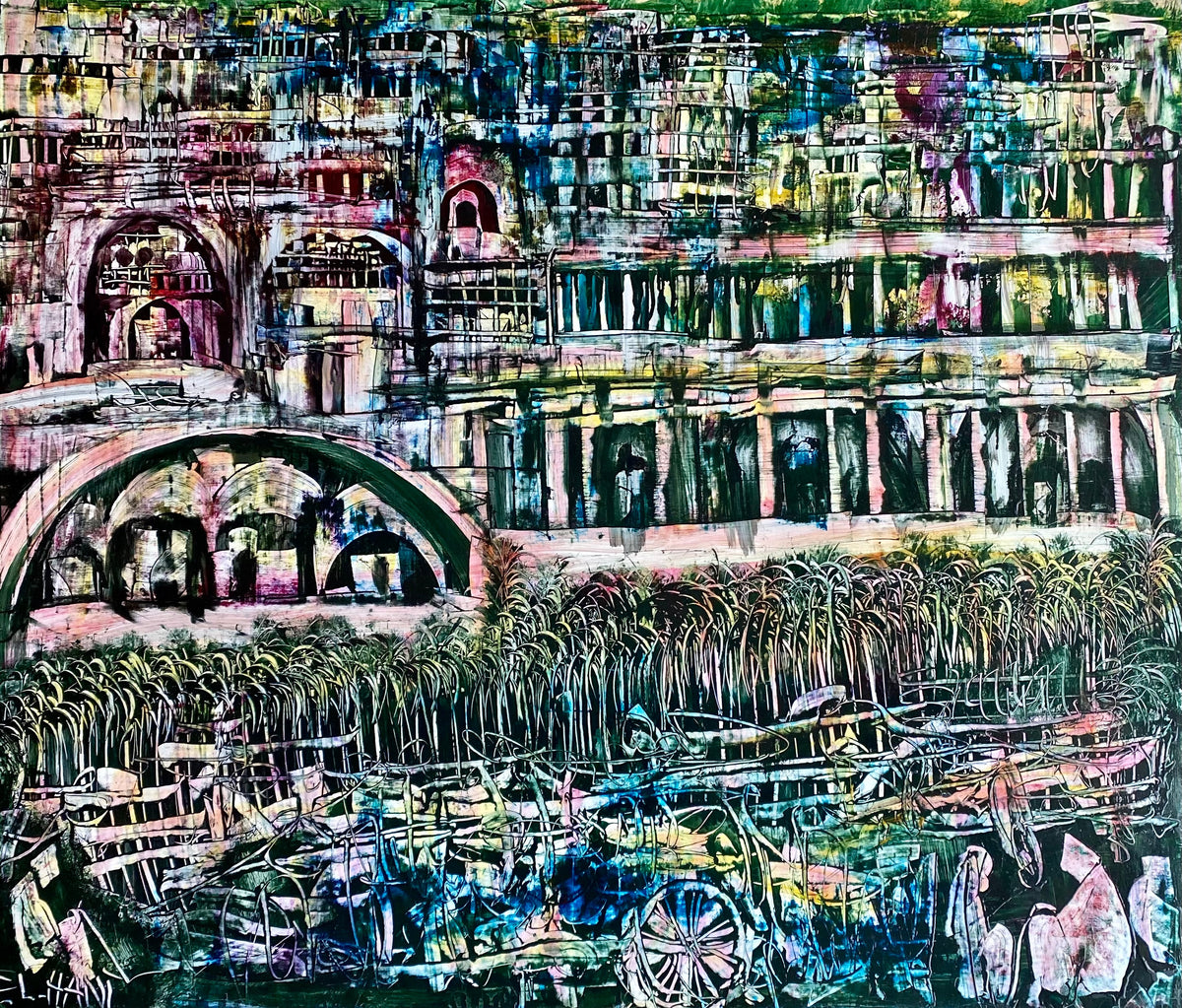 Façades et arches aux touches colorées — Mohamed El Hani, 92 × 108 cm