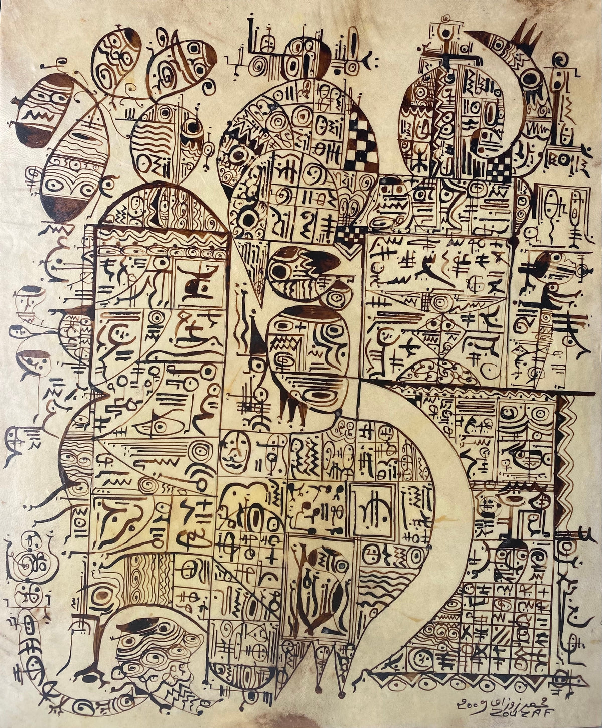Motifs et signes noirs sur fond clair — Mohamed Zouzaf, Technique mixte sur peau, 70 × 60 cm