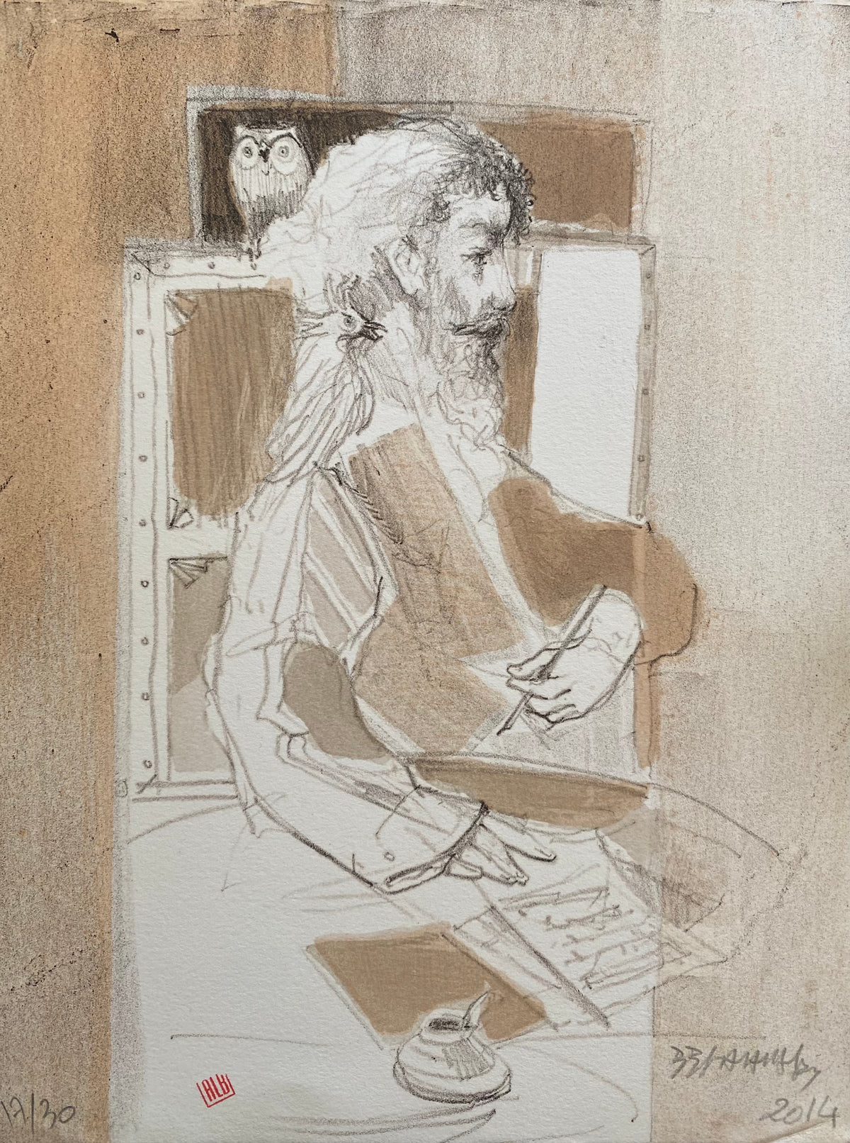 Personnage assis aux contours clairs — Abdelbassit Ben Dahmane, 35 × 25 cm