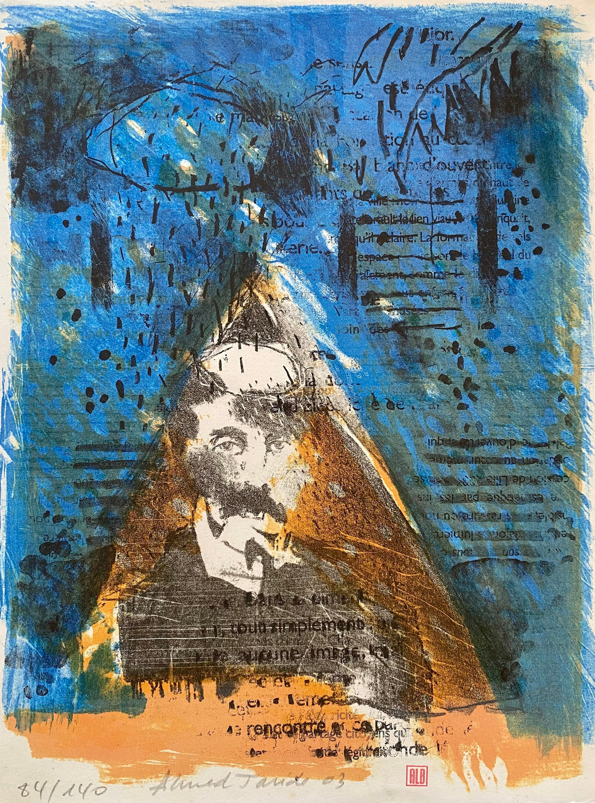 Portrait et signes sur fond bleu — Ahmed Jarid, 35 × 25 cm