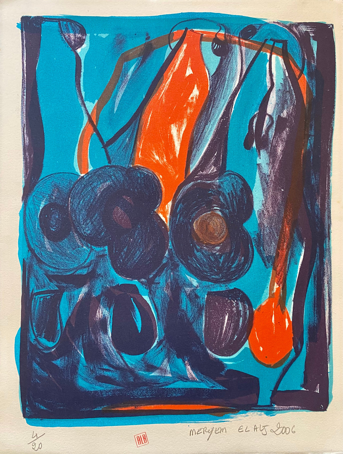 Formes bleues et orange sur fond turquoise — Meryem El Alj, Lithographie, 35 × 25 cm