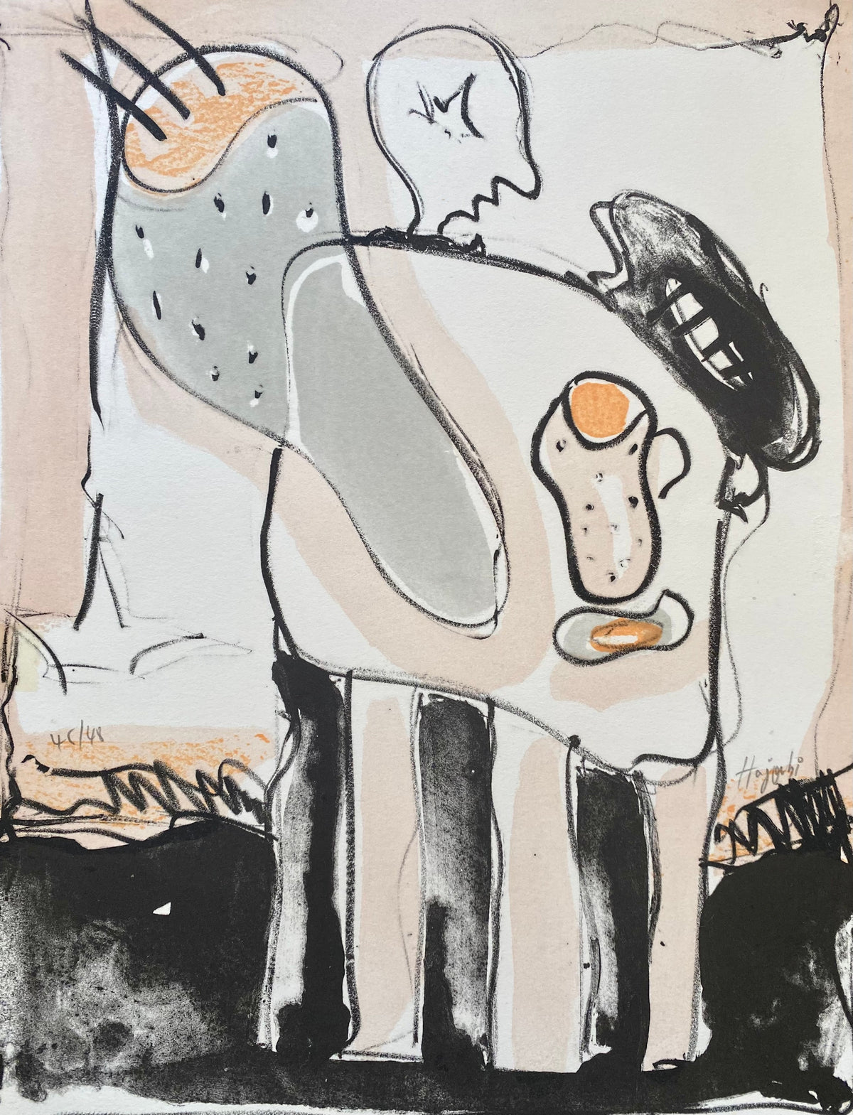 Personnages aux contours noirs — Ahmed Hajoubi, Lithographie, 35 × 25 cm