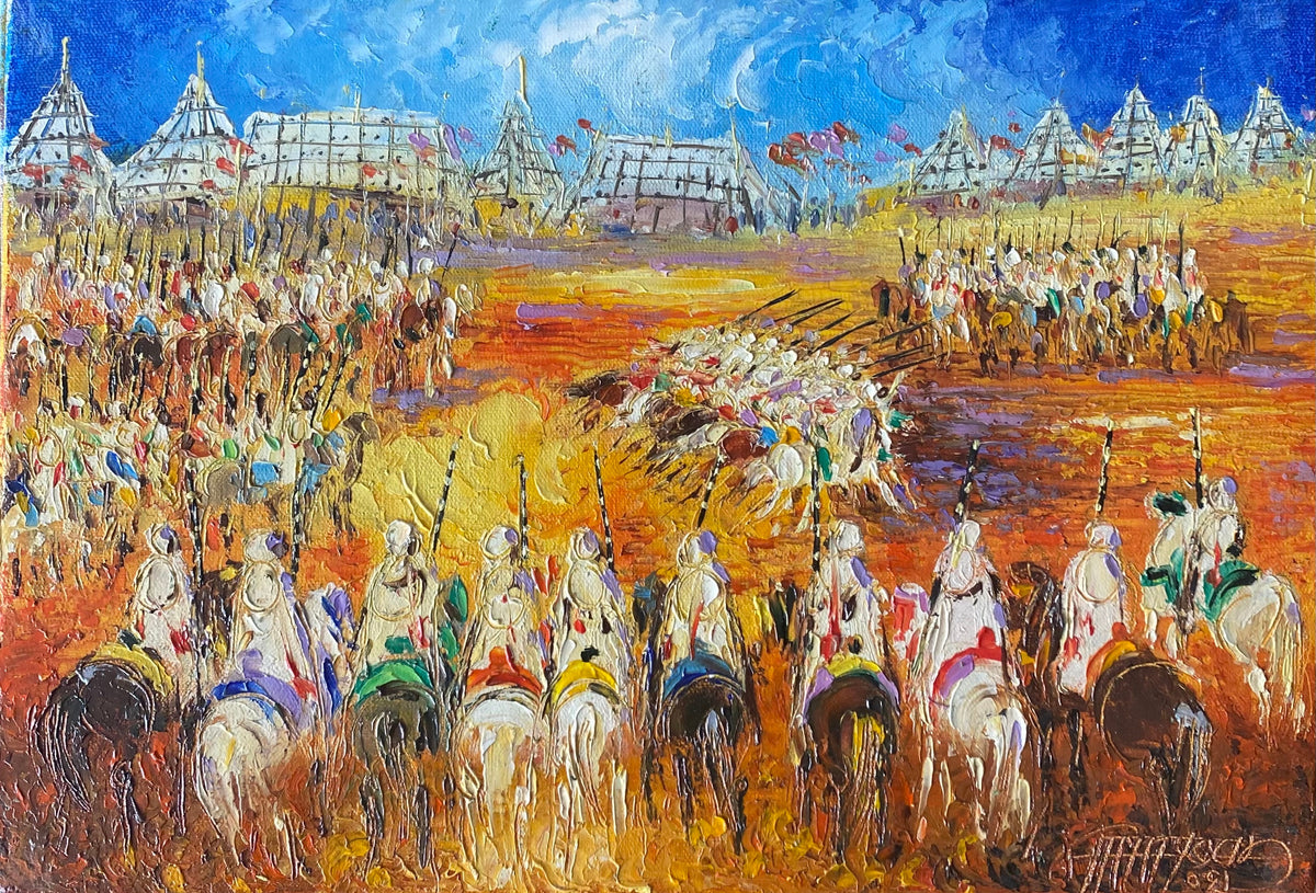Rassemblement de cavaliers sous un ciel bleu — Abdelali Amayoud, Huile sur toile, 18 × 26 cm