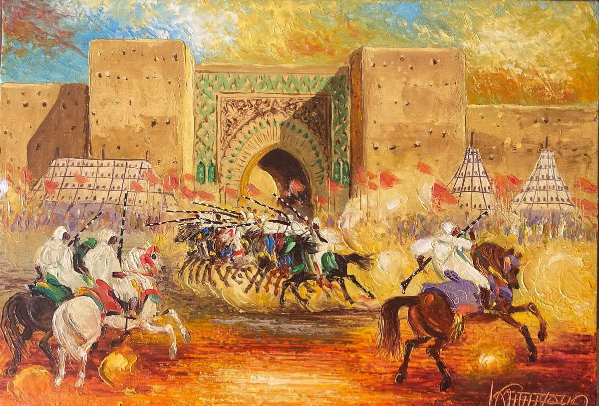 Cavaliers devant une porte fortifiée — Abdelali Amayoud, 23 × 33 cm