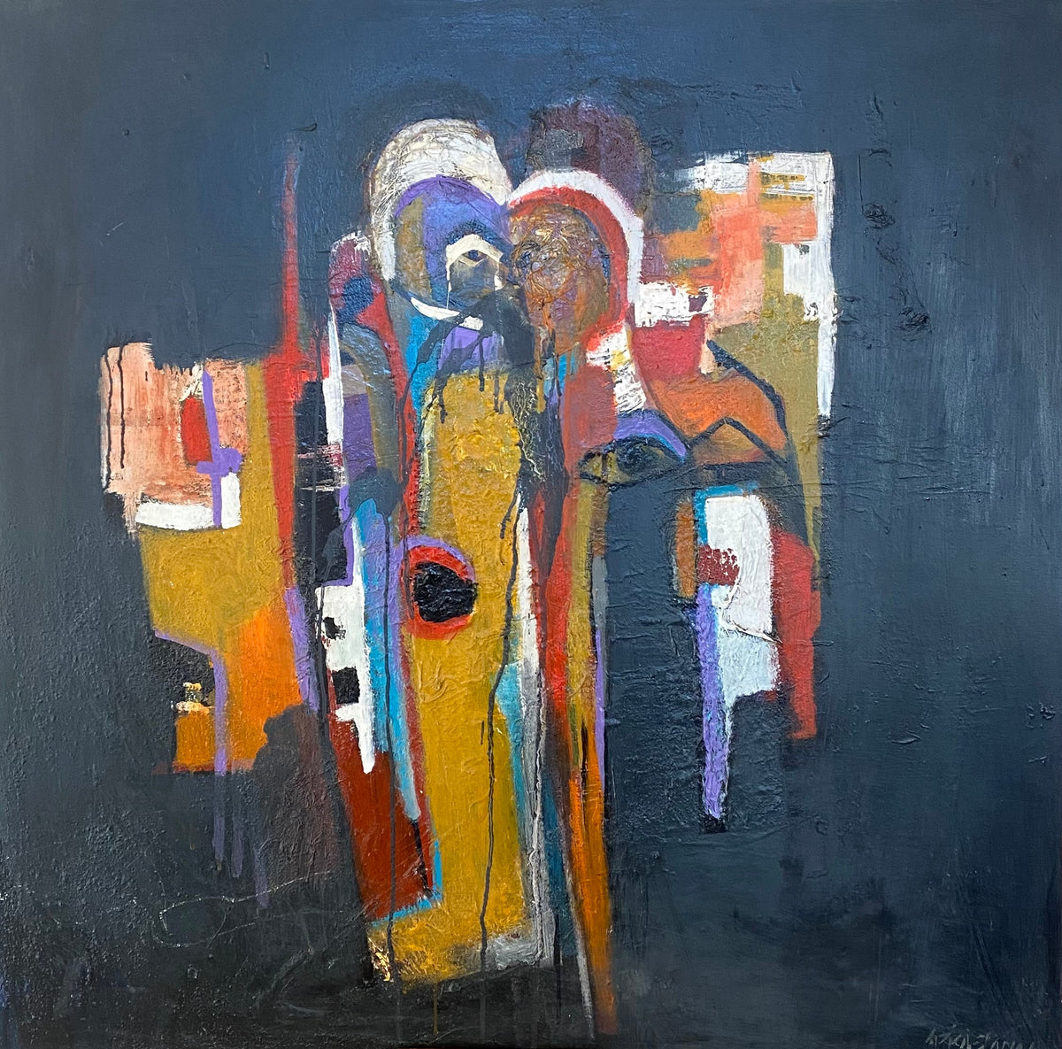 Formes colorées sur fond gris sombre — Aziza Jamal, Technique mixte sur toile, 100 × 100 cm