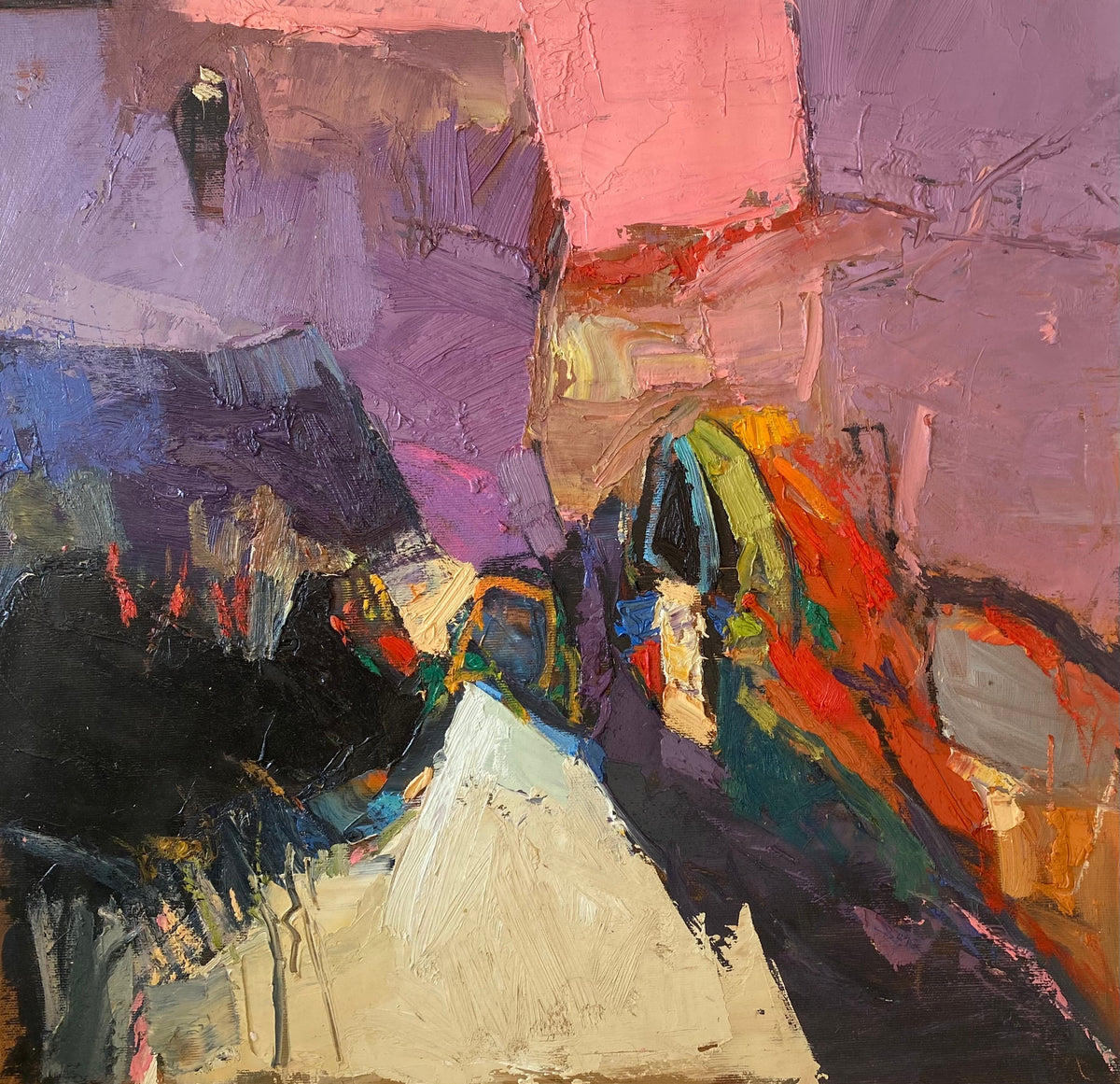 Formes architecturales roses et mauves — Rachid Taleb, 47 × 49 cm
