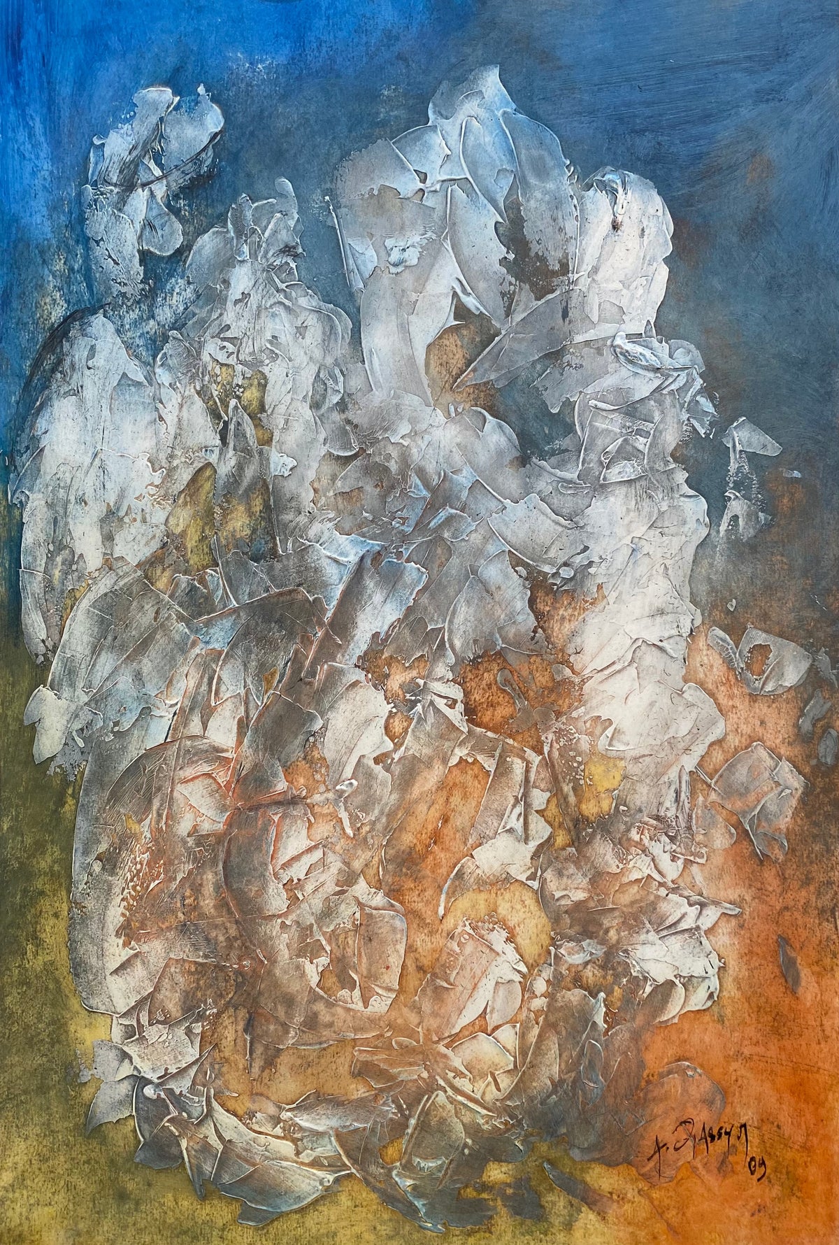 Silhouettes claires sur fond bleu et ocre — Abderrahim Qassym, Technique mixte sur carton, 48 × 31 cm